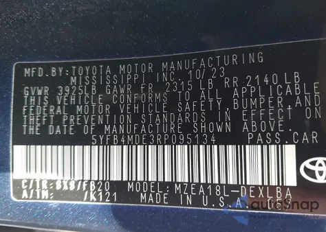 2024 Toyota Corolla Le z USA, uszkodzony, nr VIN 5YFB4MDE3RP095134